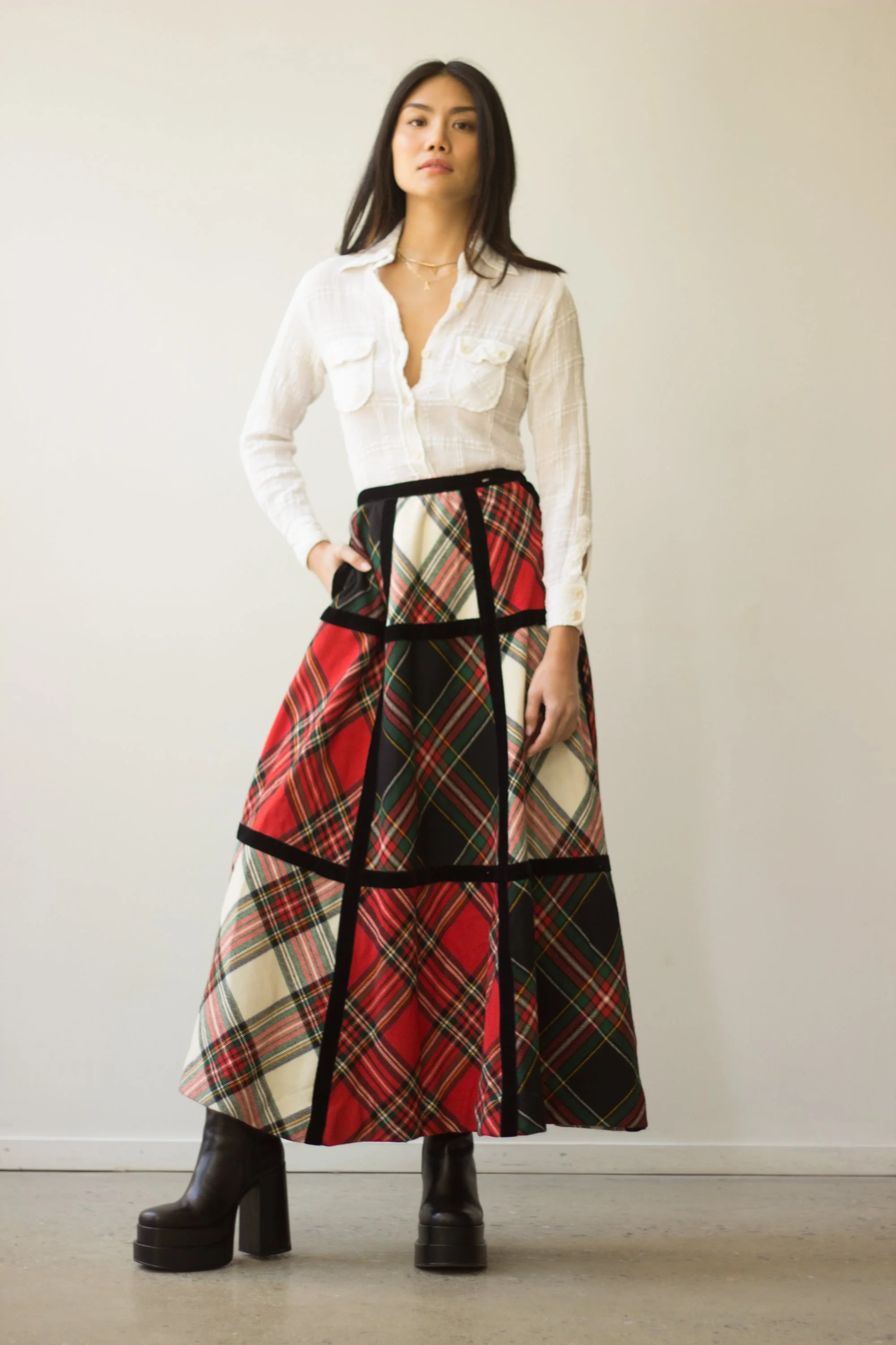 1960s Plaid Wool and Velvet Maxi Skirt Wayward Collection